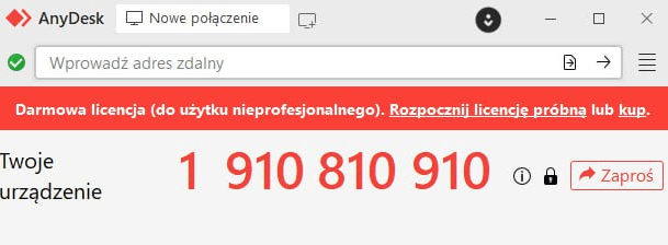 Interfejs AnyDesk pokazujący gdzie znaleźć adres urządzenia