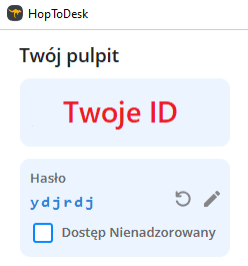 Interfejs HopToDesk pokazujący gdzie znaleźć ID i hasło