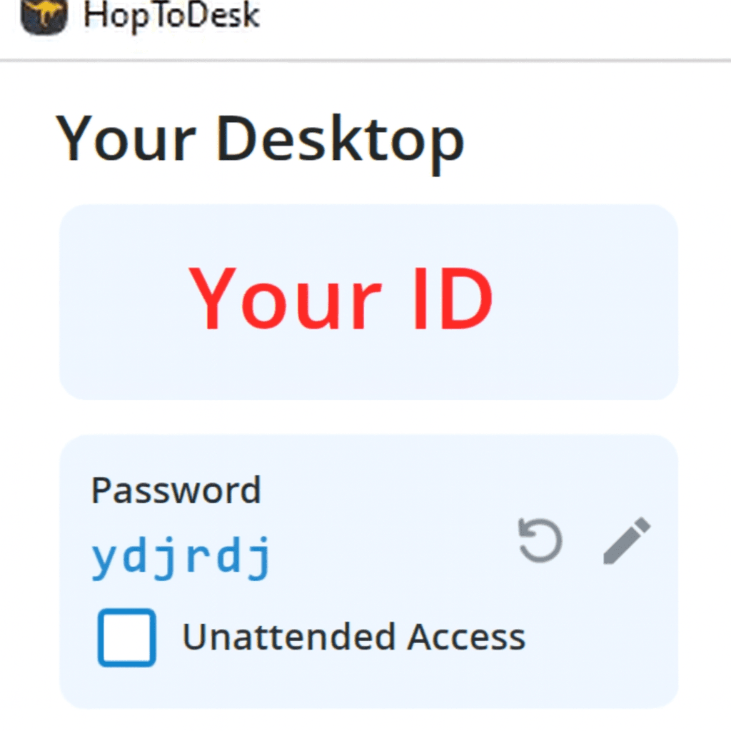 Interfejs HopToDesk pokazujący gdzie znaleźć ID i hasło